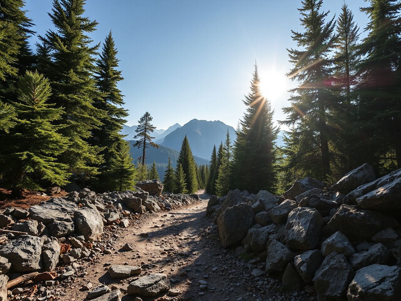 A sunlit mountain trail lined with evergreens, showcasing rugged textures and natural durability in outdoor gear