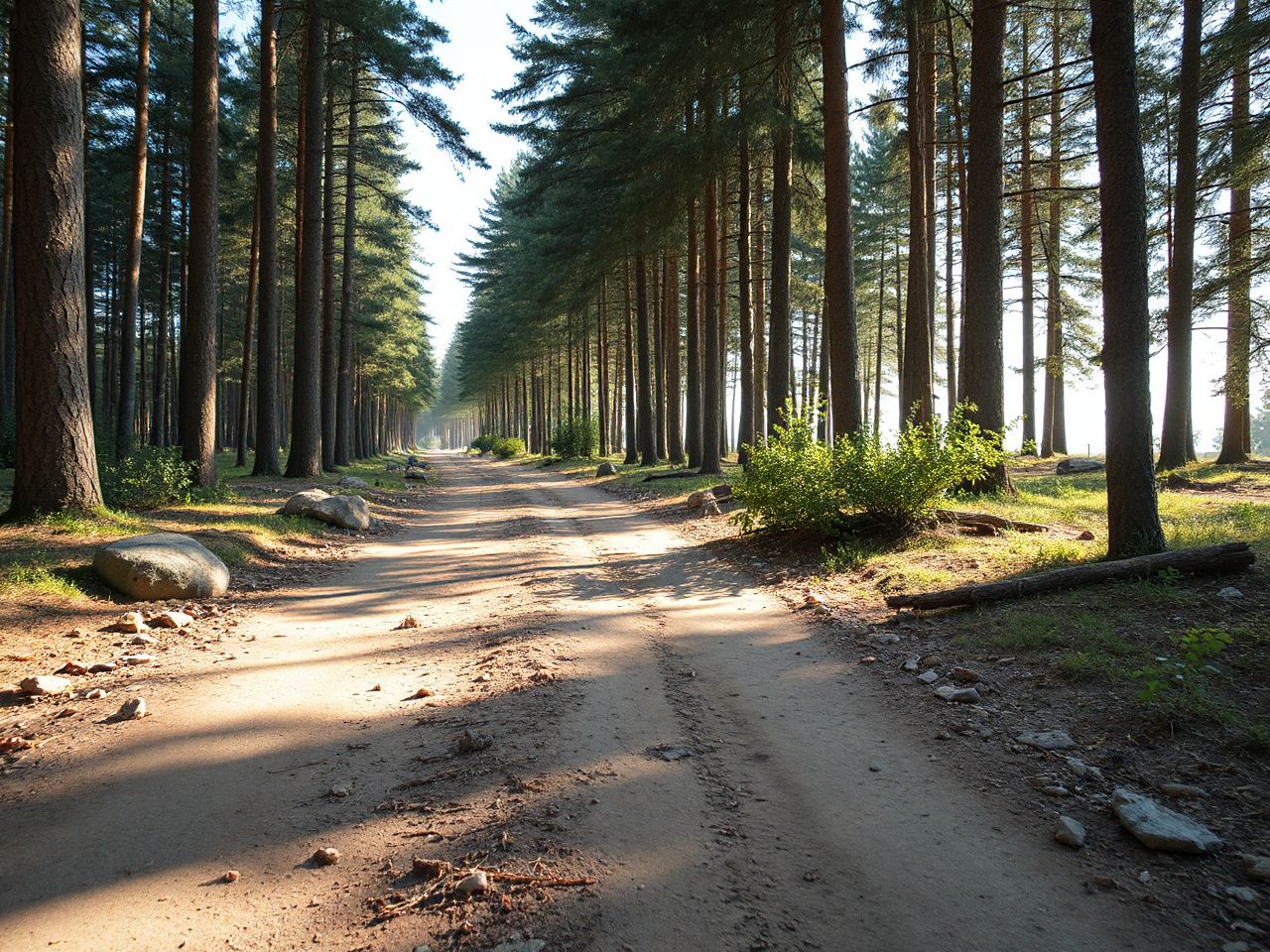 A sunlit forest trail with wide dirt paths and scattered rocks illustrating spaciousness and comfort outdoors
