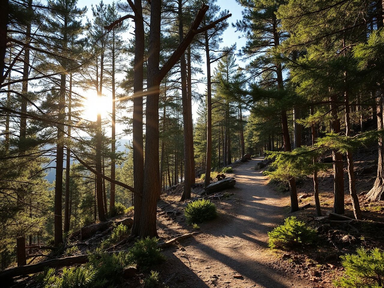 A sunlit mountain trail winding through dense pine trees, illustrating natural fiber durability outdoors