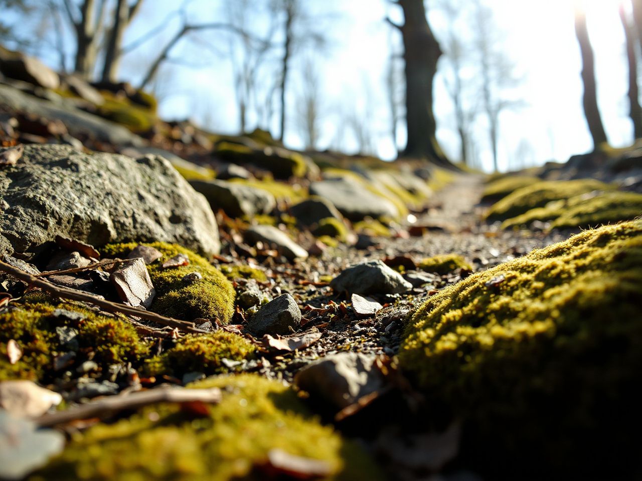 Close-up of a rugged forest path with textured rocks and moss, highlighting stitch integrity in wool