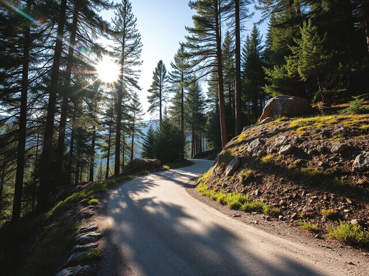 Sunlit mountain trail winding through pine trees, illustrating the balance between lightweight gear and versatility