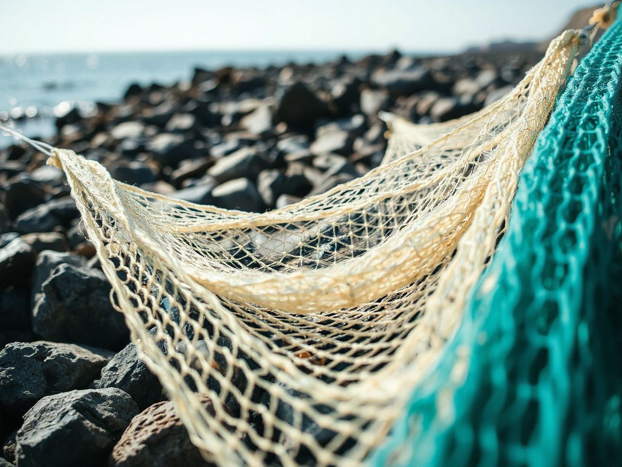 Close-up of a rocky shoreline with nylon fishing nets drying, symbolizing the strength added by nylon blends