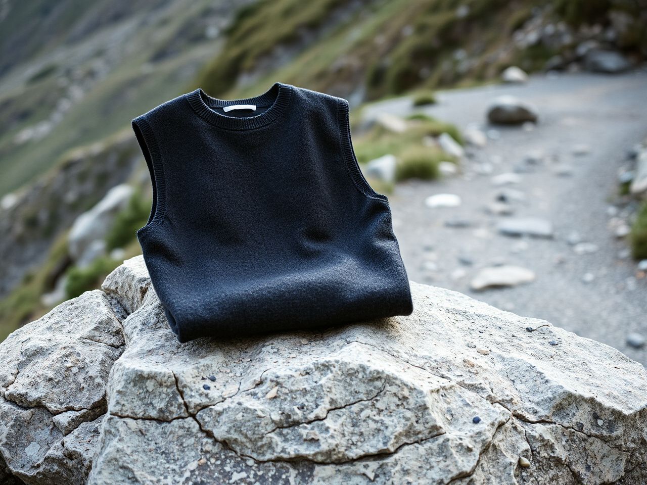 A plain charcoal merino wool vest folded on a flat rock beside a mountain trail