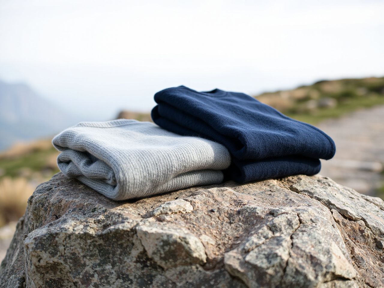 Two plain folded merino wool sweaters, one grey and one navy, on a flat rock by a trail