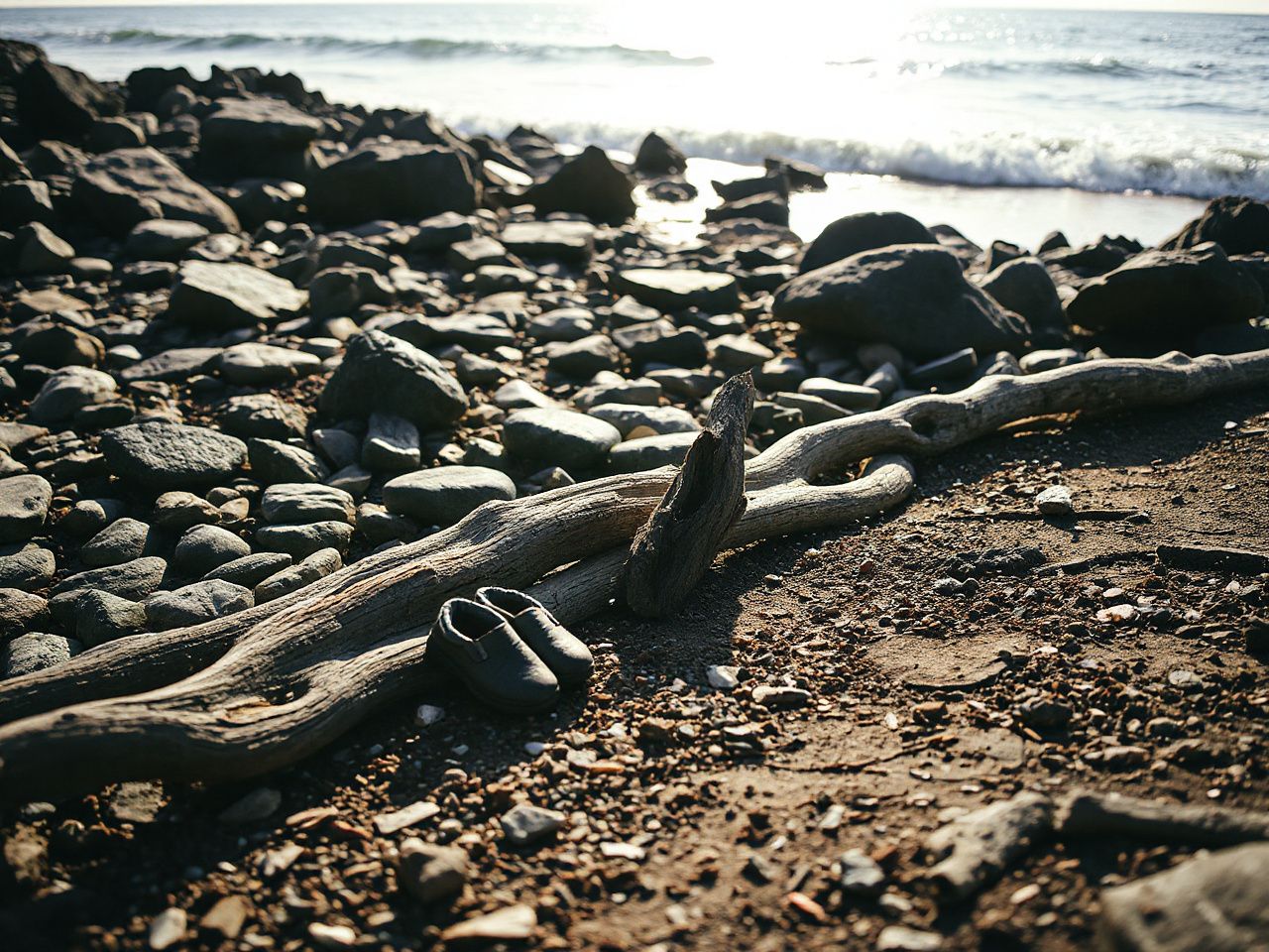Sunlit rocky shoreline with scattered water shoes drying on driftwood near gentle ocean waves