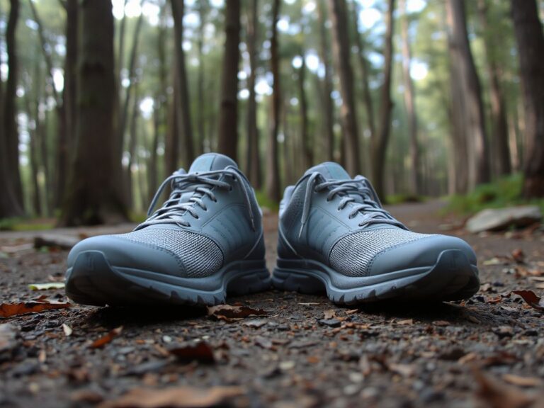 A pair of plain grey mid-top running shoes with no logos on a forest trail