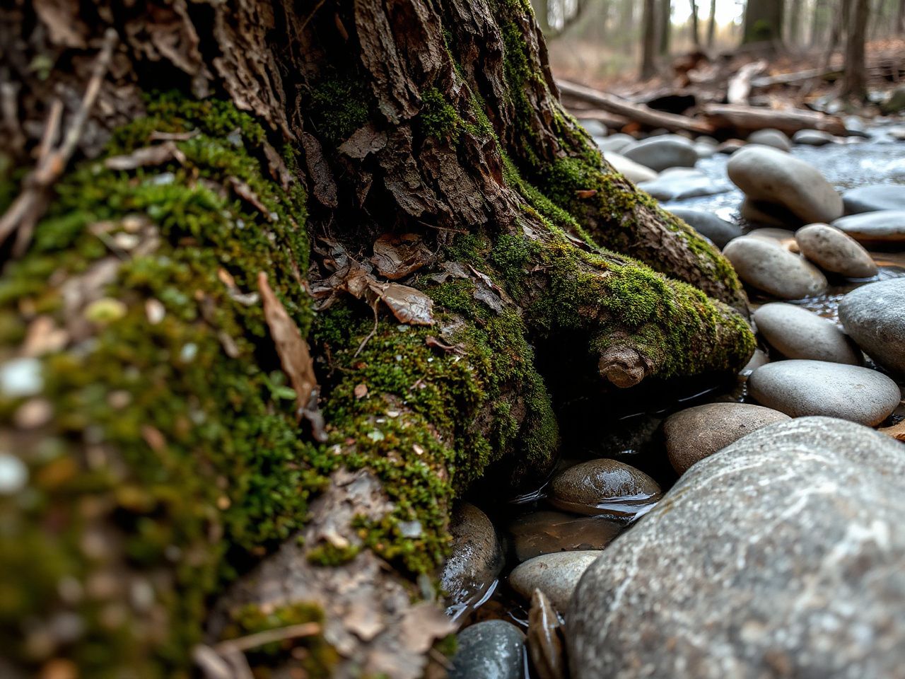 Close-up of textured tree bark and moss contrasting smooth river stones along a forest stream