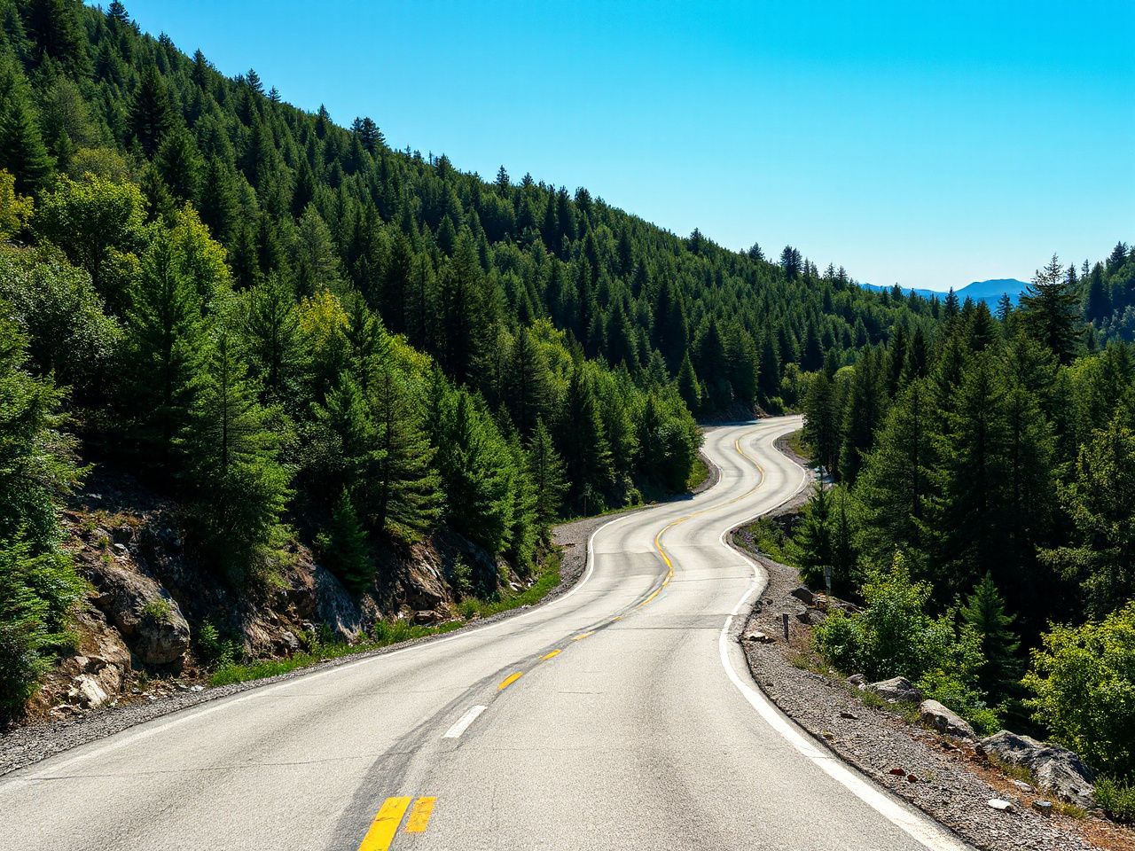 A winding mountain road viewed from above, surrounded by lush green forests under a clear blue sky