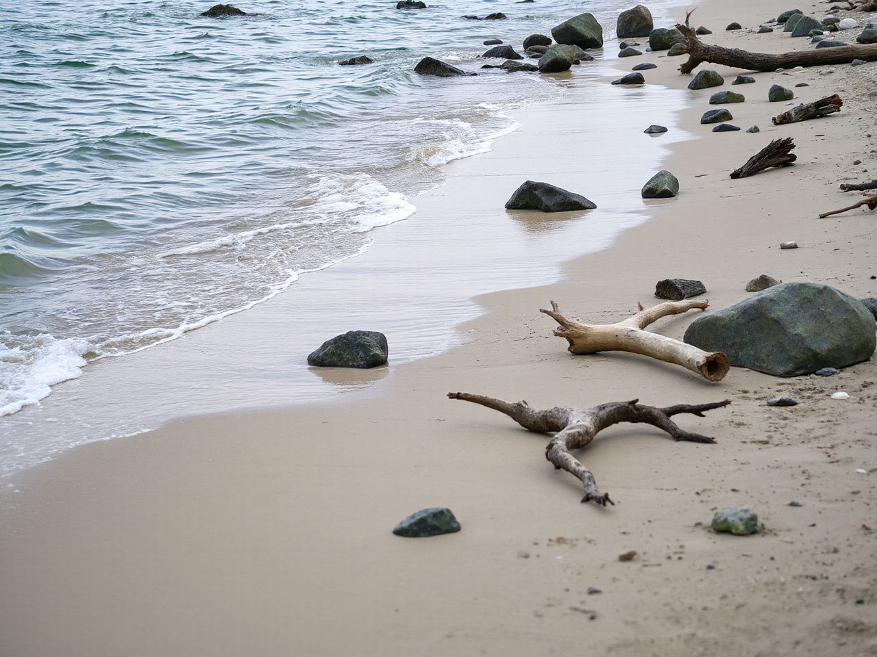 A quiet beach shoreline with gentle waves lapping against smooth rocks and scattered driftwood in daylight
