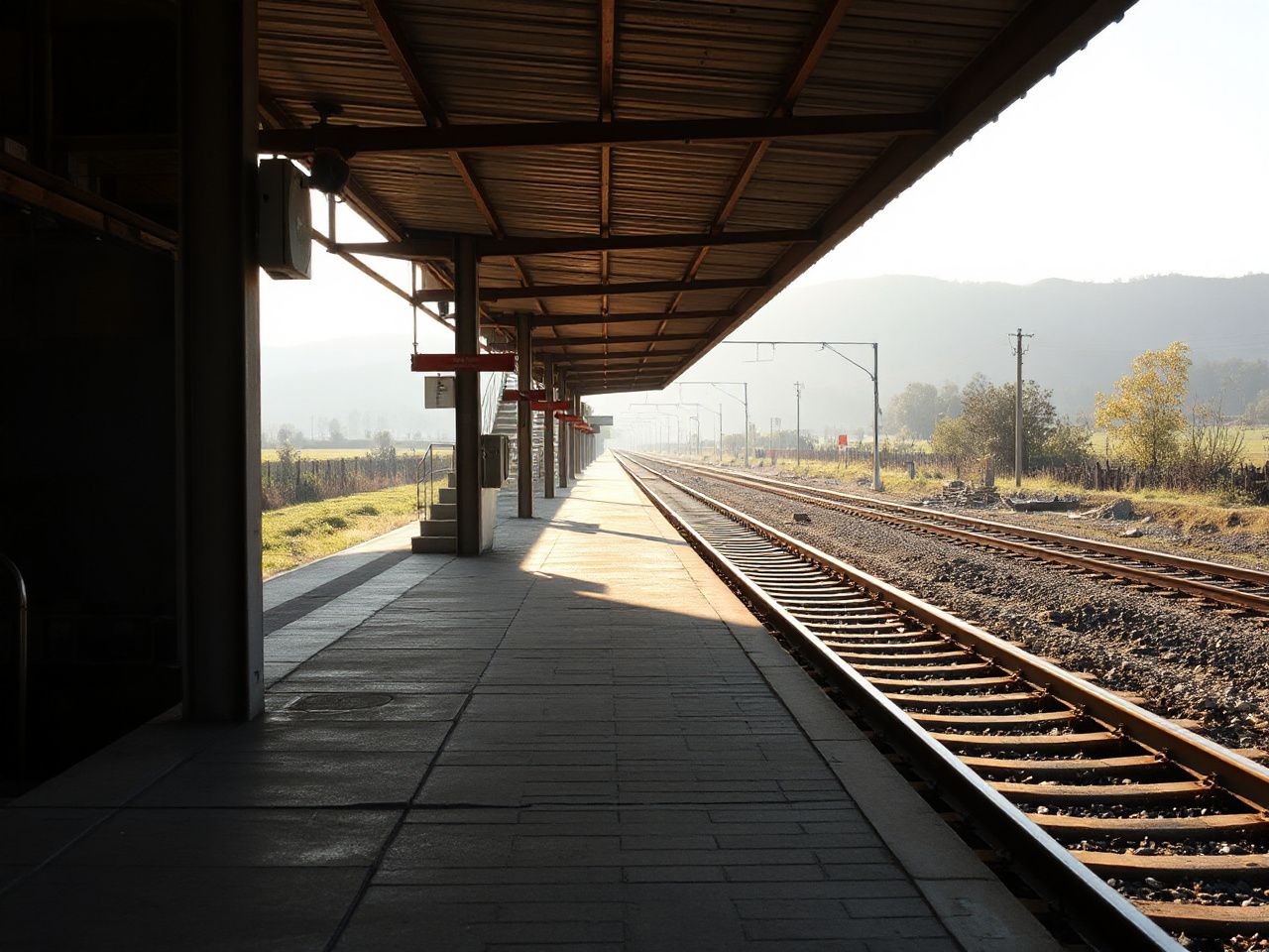 A quiet rural train station platform bathed in morning light, with tracks stretching toward distant hills