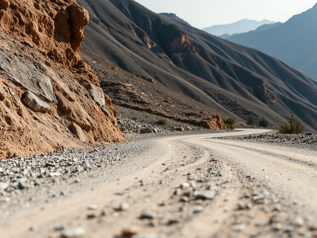 A winding mountain road layered with gravel and dirt, showcasing natural textures and elevation changes