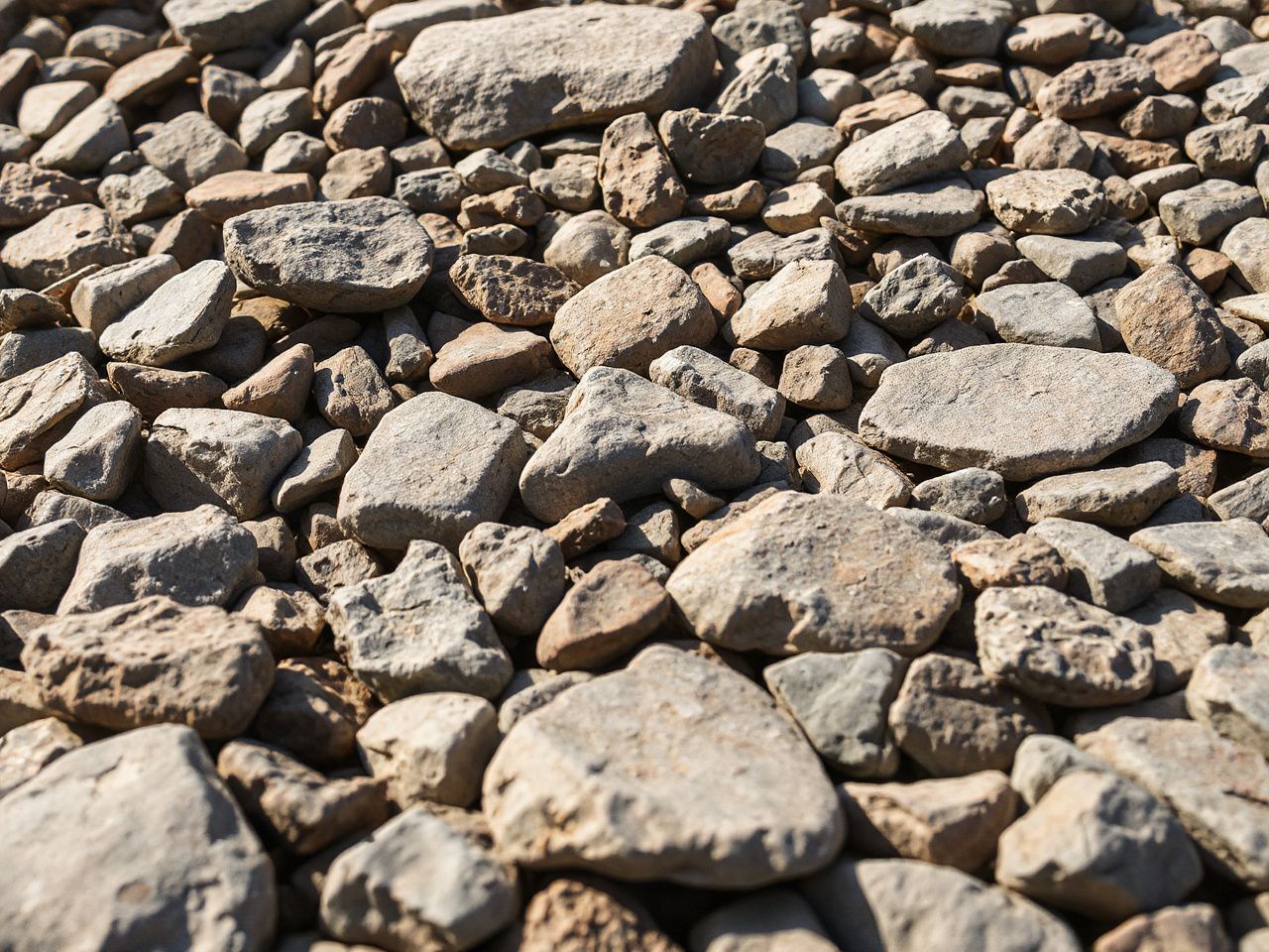 Sunlit rocky shoreline with weathered stones, highlighting subtle color variations from dry brushing effects