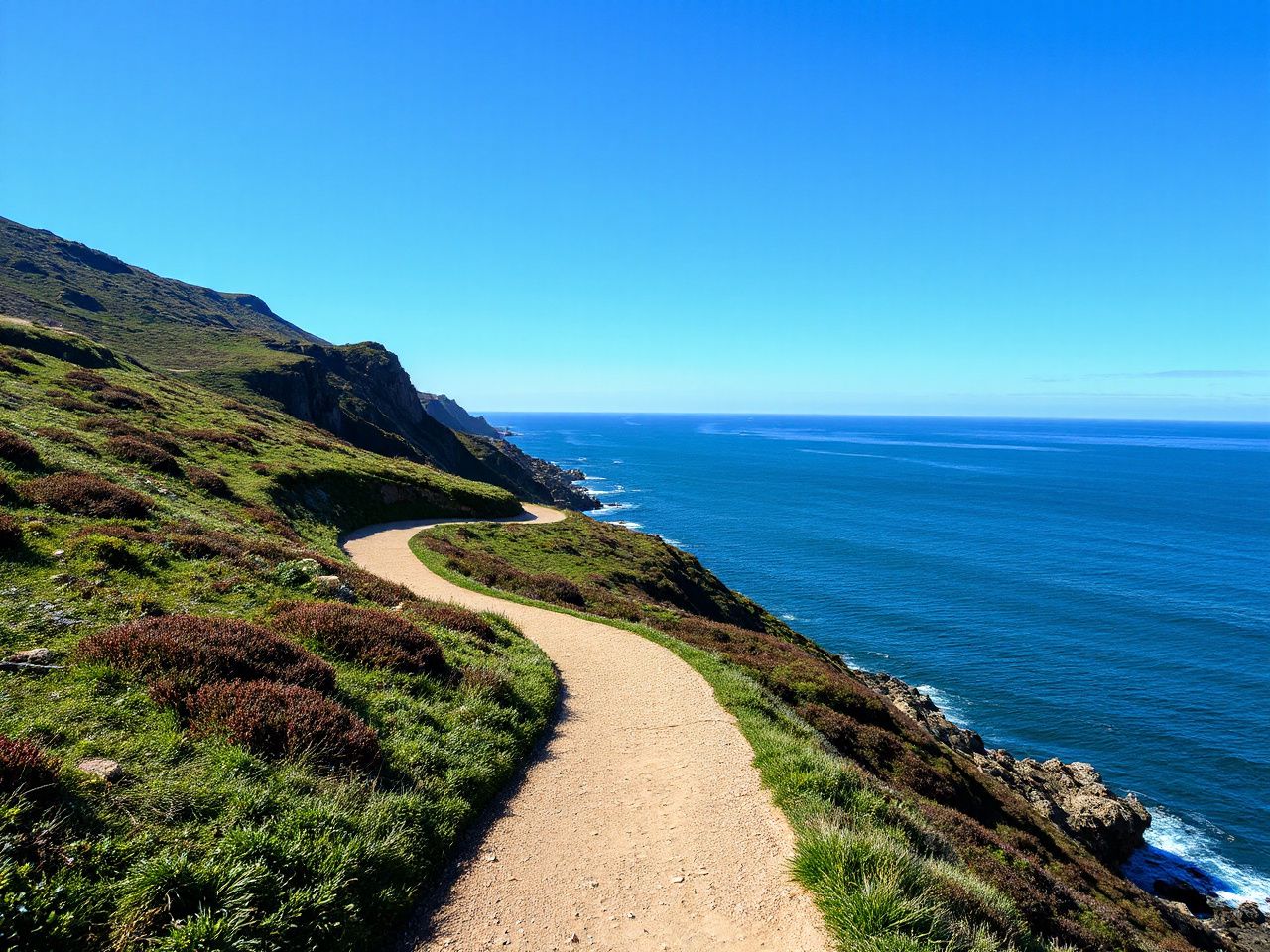 A serene coastal trail winding along cliffs under a clear blue sky, perfect for peaceful exploration