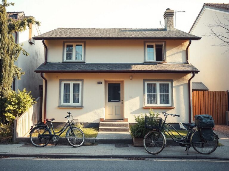 A small plain two-story guesthouse with a garden and bicycles outside in a quiet town
