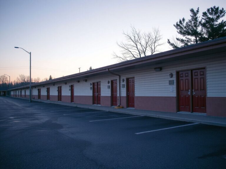 A row of plain single-story roadside lodging rooms with doors facing a parking lot at dusk