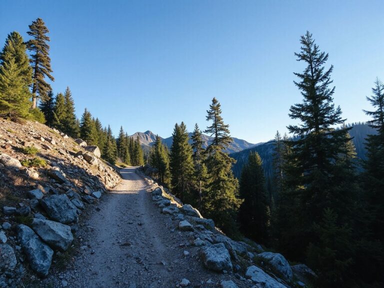 A rugged mountain trail winding through dense pine forest under a bright blue sky