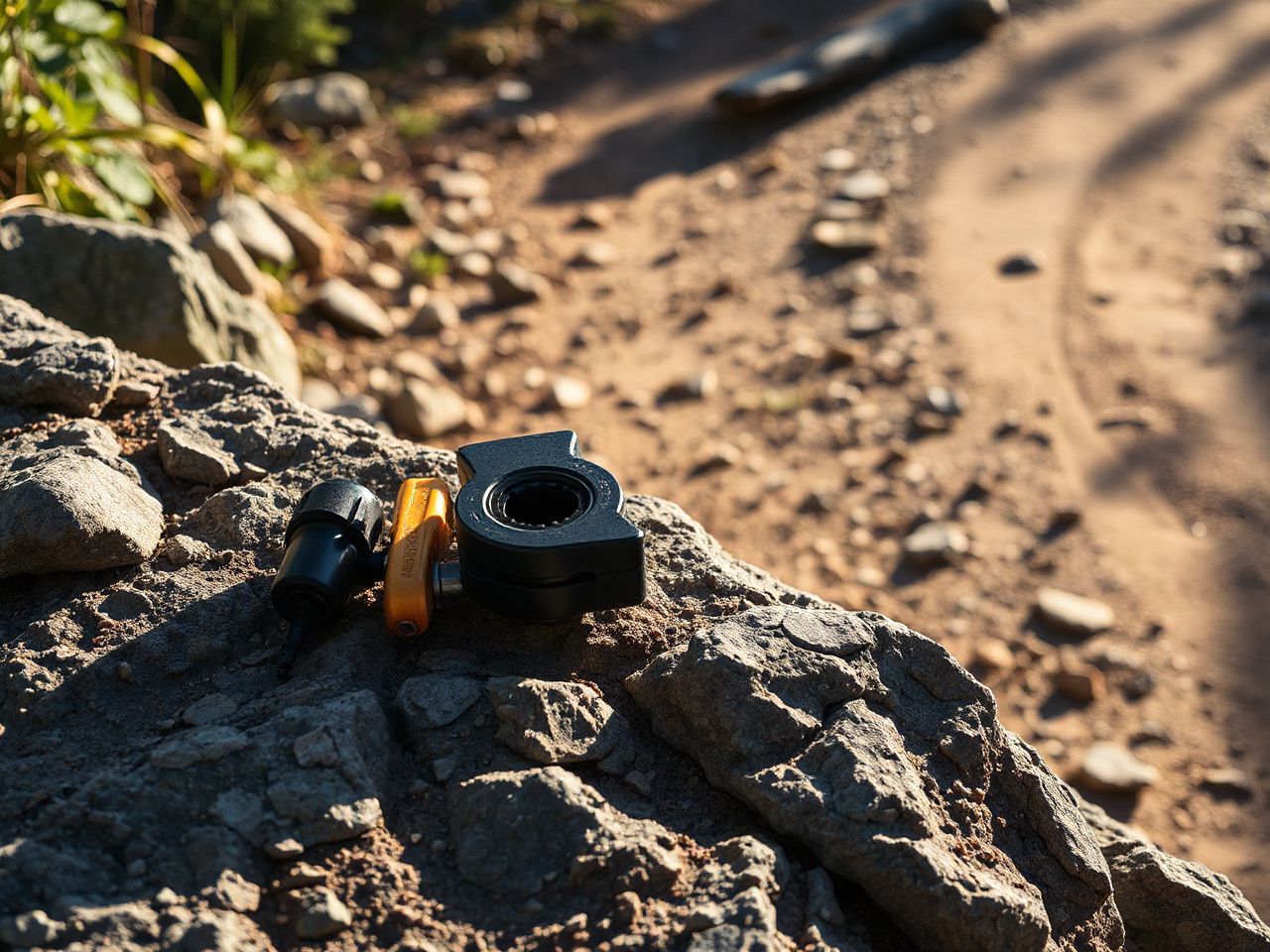 A compact bike repair toolkit resting on a rocky outcrop beside a dirt trail in sunlight