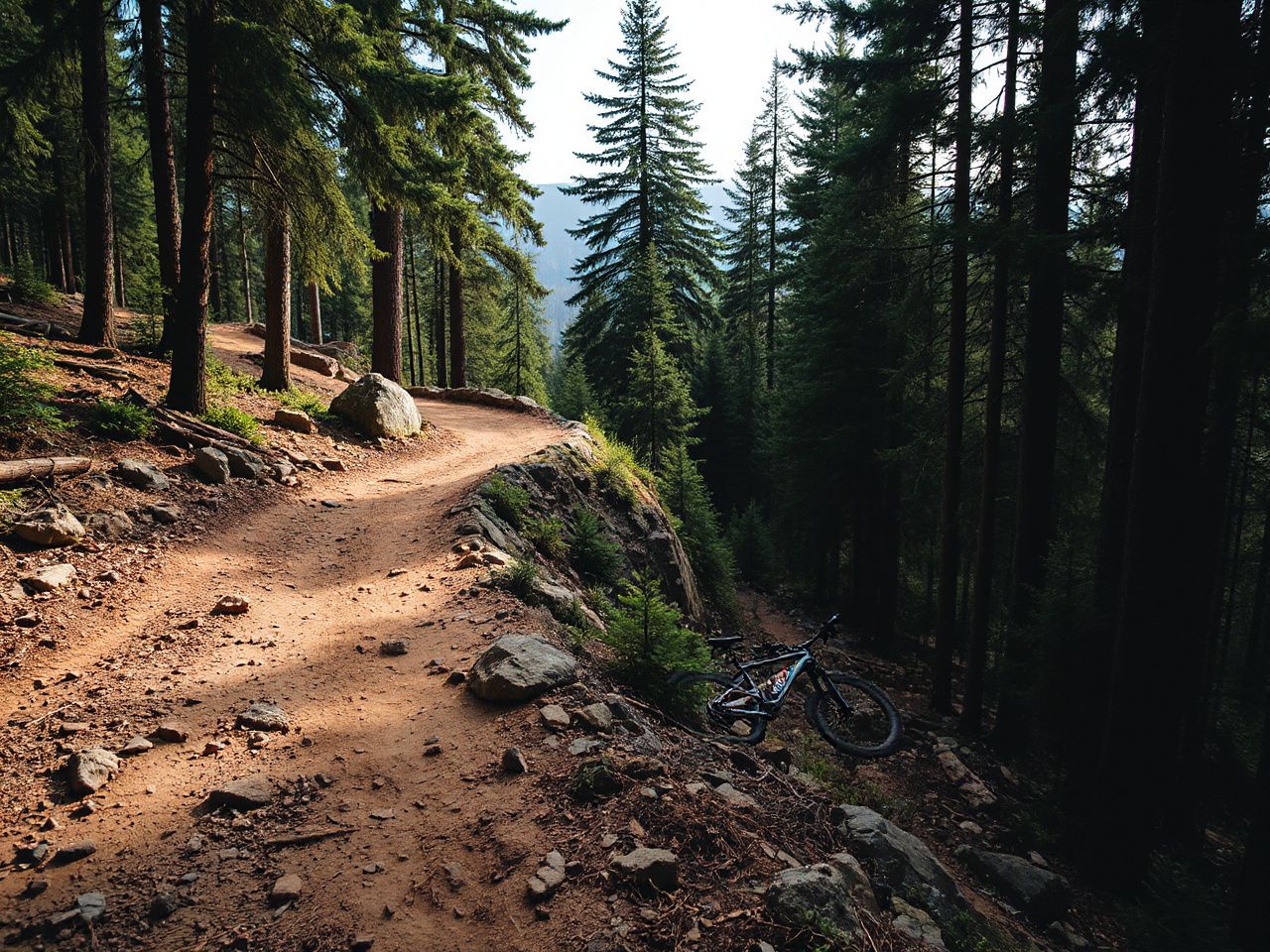 A rugged mountain bike trail winding through dense forest with uneven dirt and scattered rocks