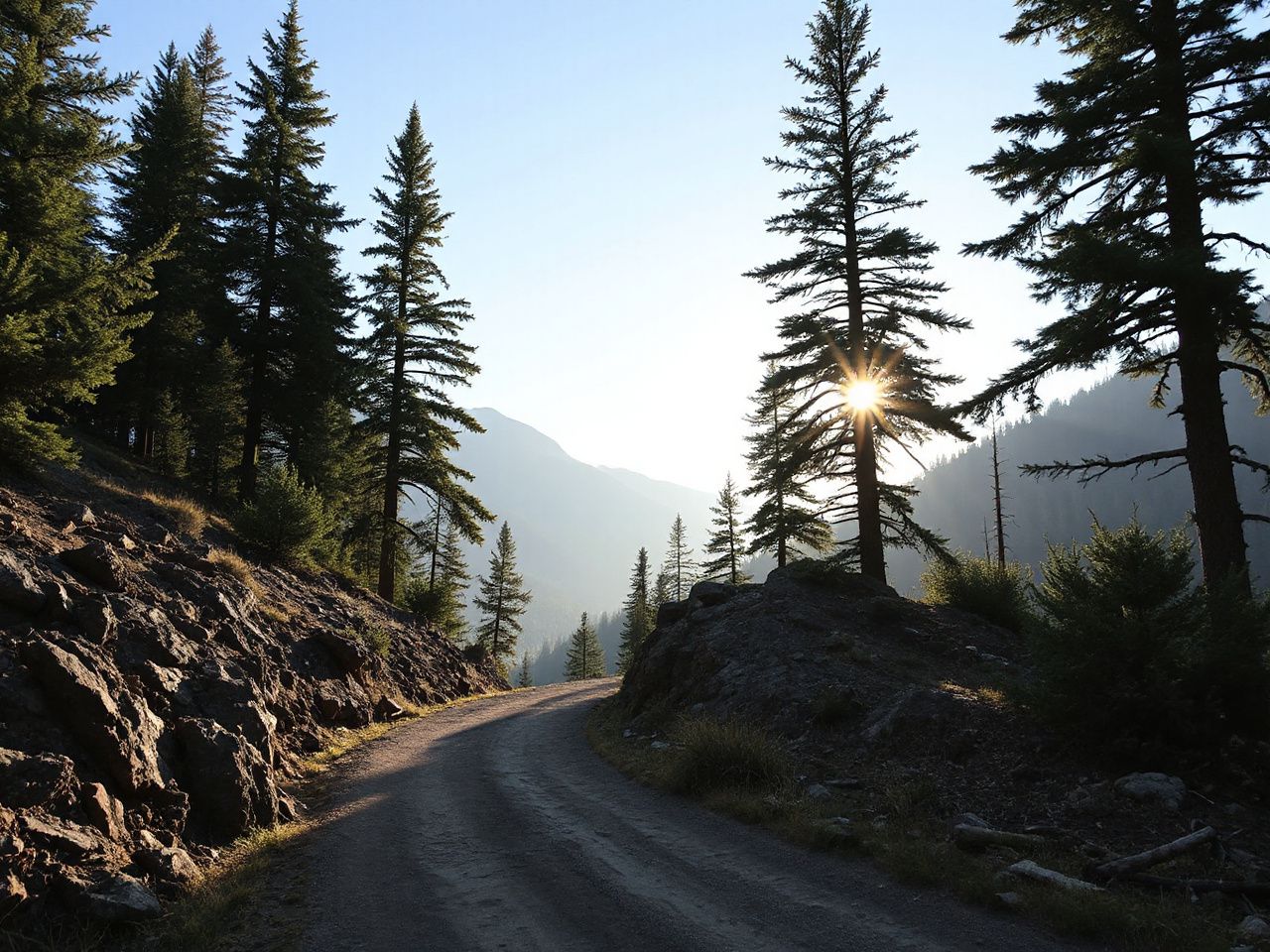 A winding mountain trail bathed in morning sunlight, surrounded by tall pine trees and rugged terrain