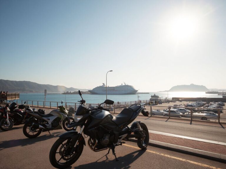 A sunlit coastal promenade with motorcycles parked near a bustling harbor and a distant cruise ship silhouette
