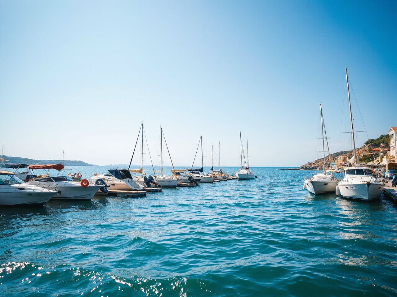 A sunlit coastal harbor with boats docked quietly, framed by a clear blue sky and gentle waves