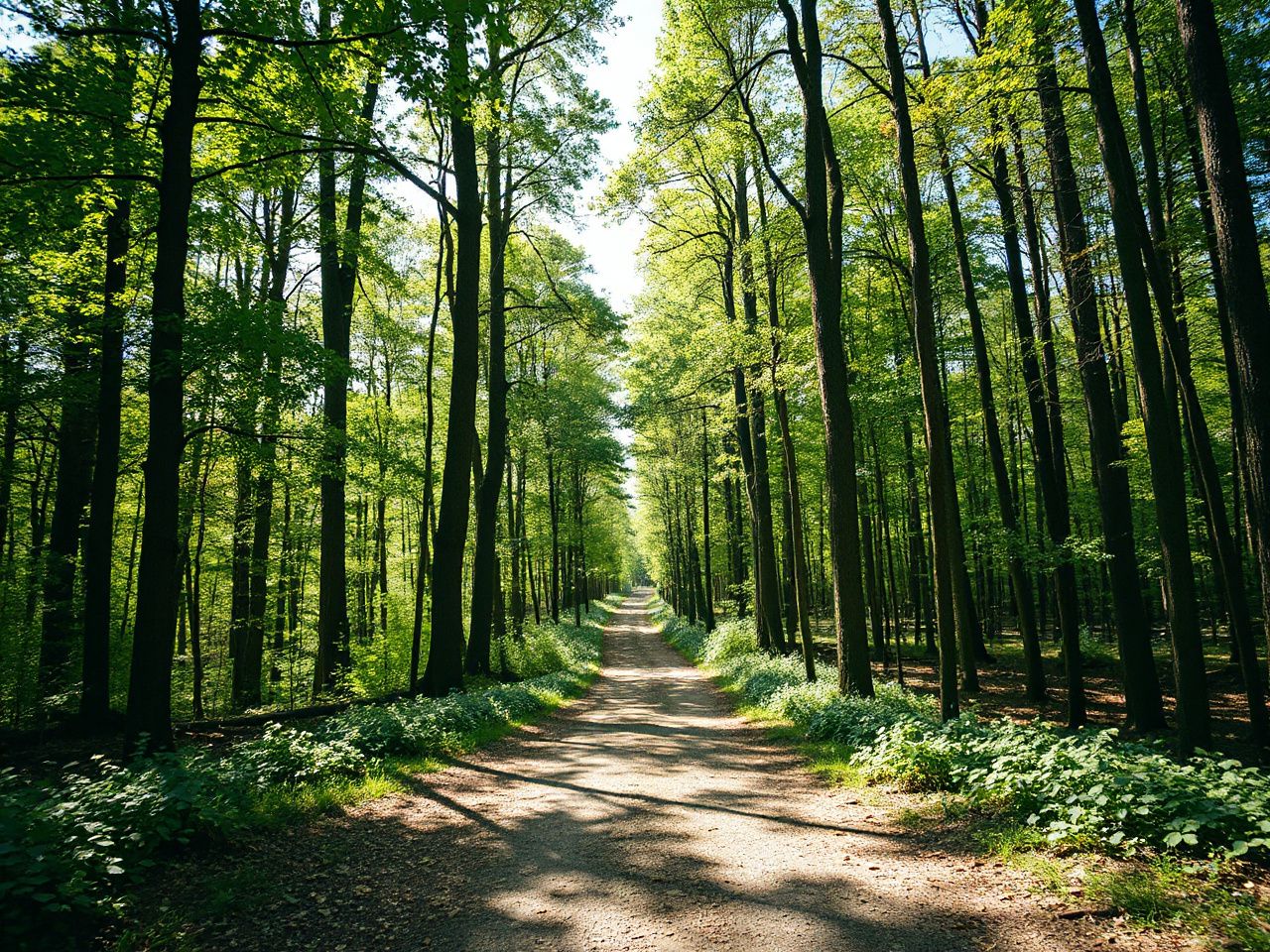 A forest trail winding through tall trees, dappled sunlight illuminating the leafy path under a bright sky