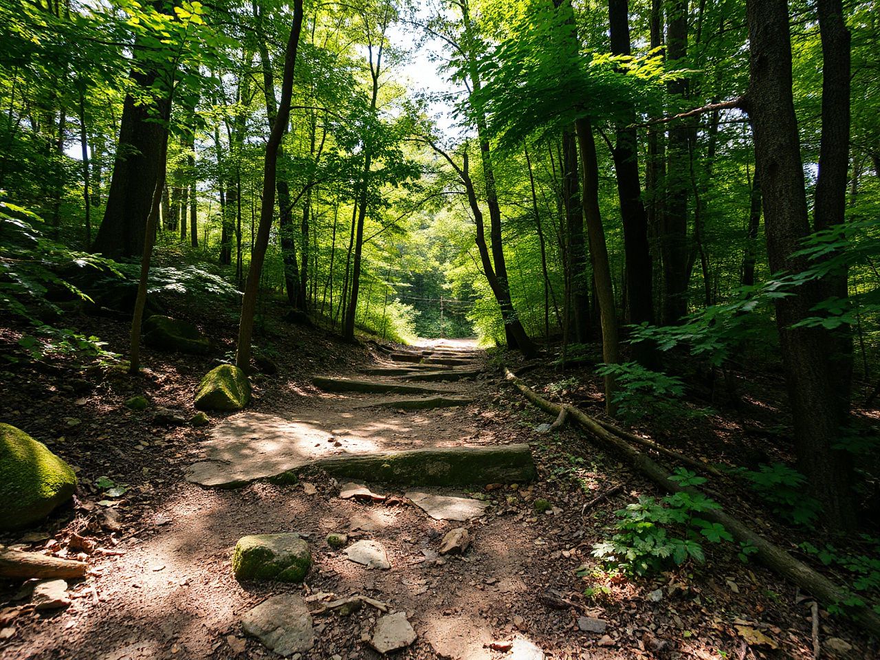 A narrow forest trail with uneven roots and rocks winding through dense green trees under bright sunlight