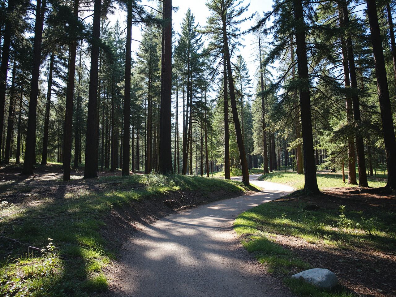 A winding forest trail with a smooth, curved berm nestled among tall pine trees under bright sunlight