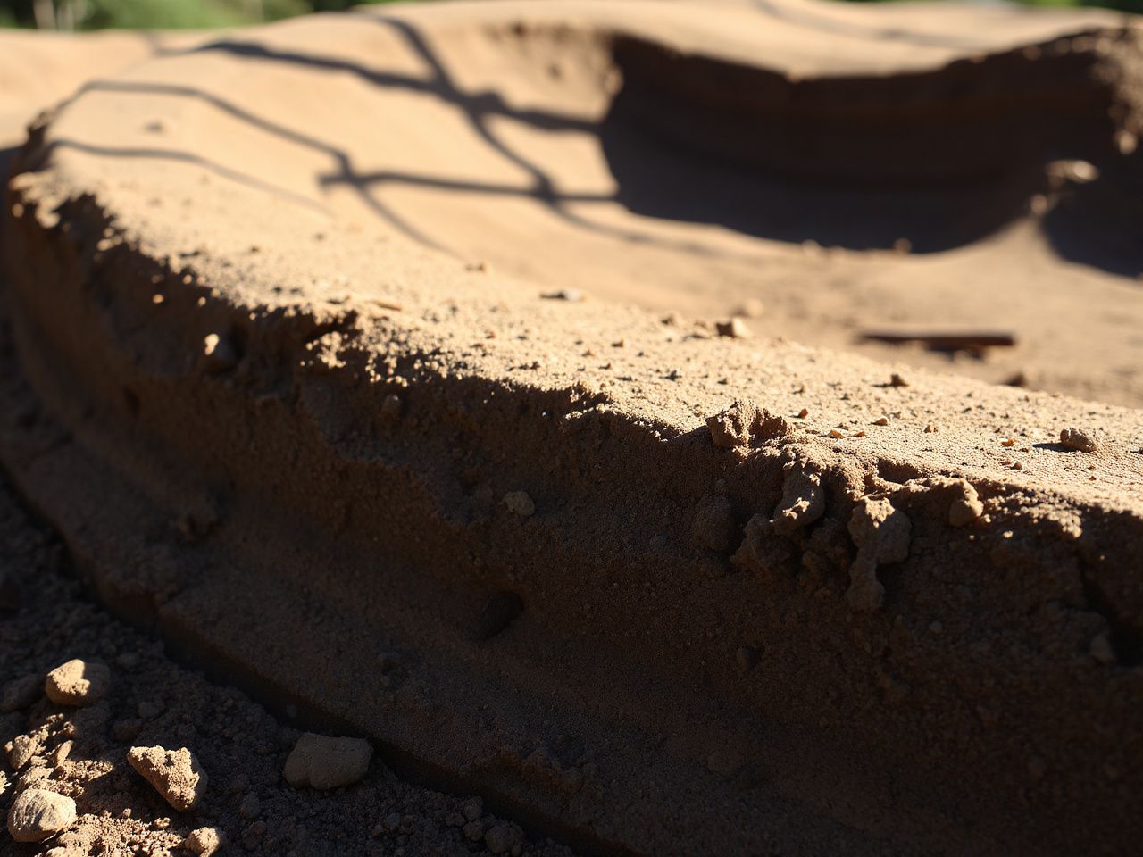 A close-up of a steep, banked mountain bike turn with packed dirt and angled soil layers on a sunny day