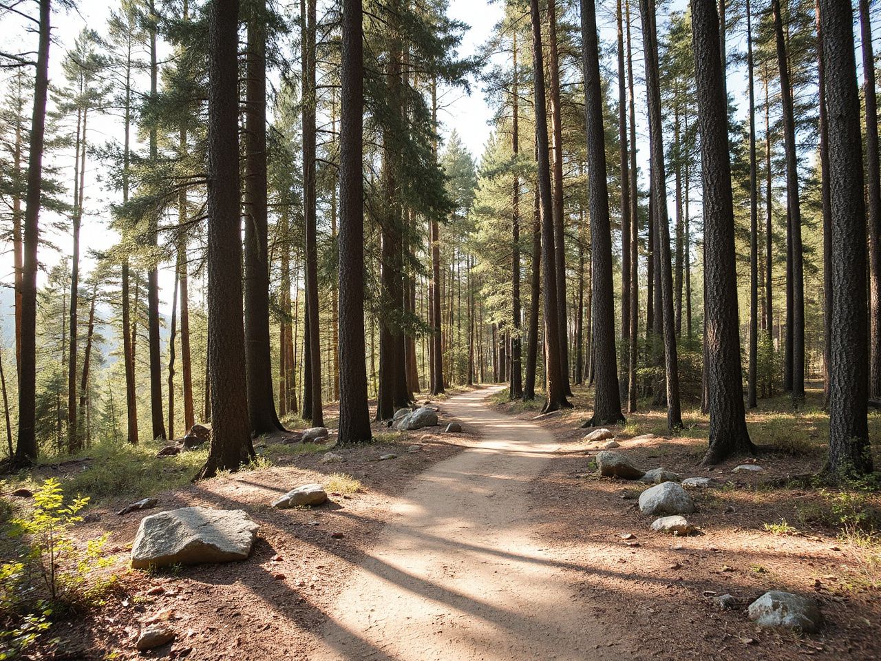 A sunlit forest trail with narrow dirt path winding between tall trees and scattered rocks