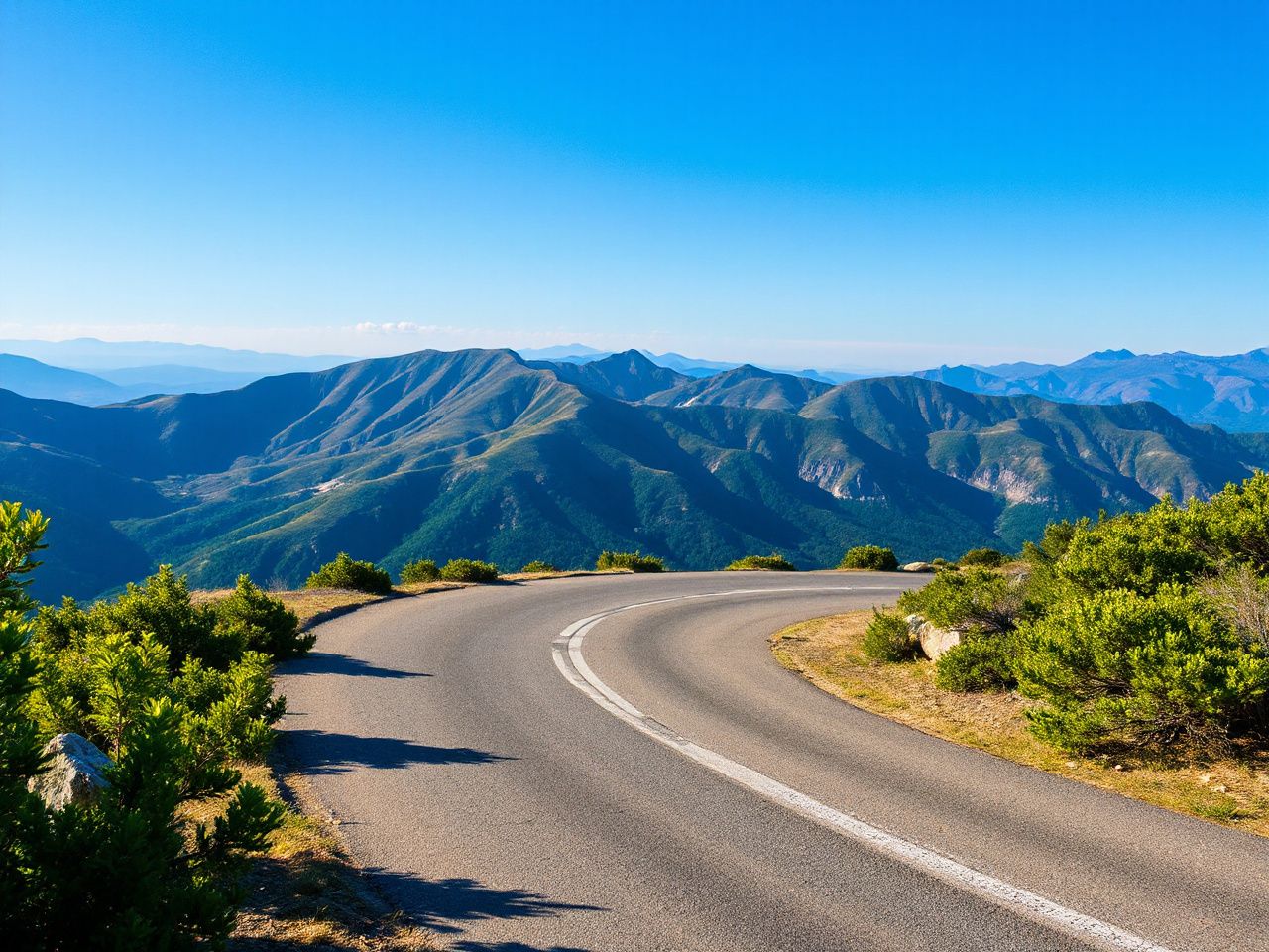 A mountain road curving upward with distant peaks under a clear blue sky, framed by green shrubs