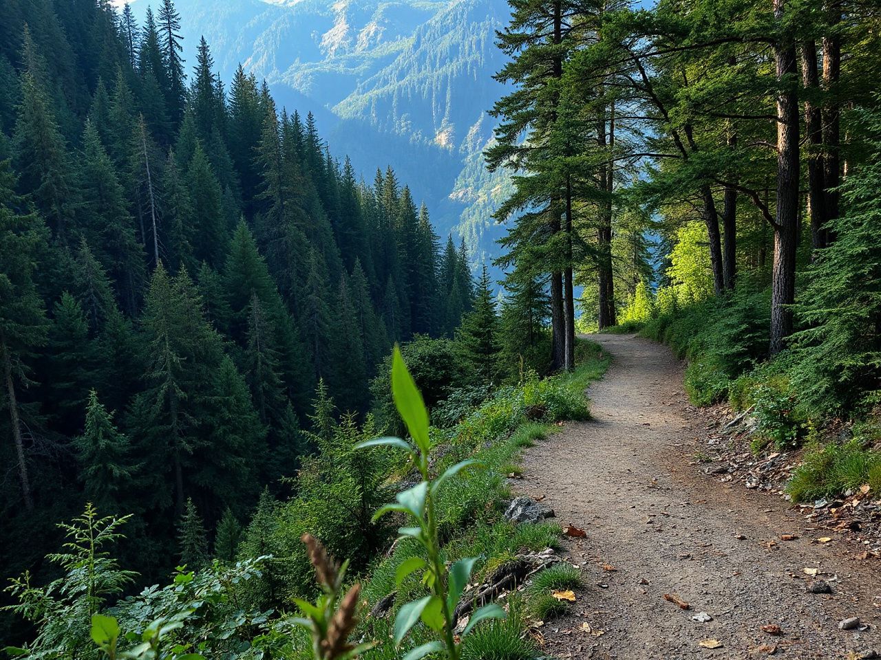 A winding mountain trail surrounded by dense forest, perfect for slow travelers exploring nature