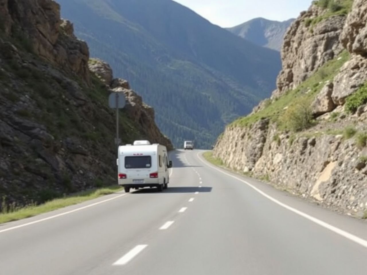 A narrow mountain road with a small camper towing a trailer, navigating tight curves under daylight