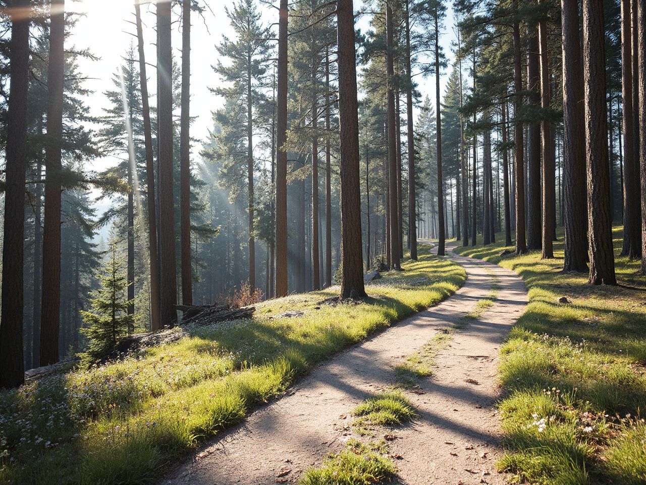 A winding forest trail bathed in morning sunlight, surrounded by tall pine trees and scattered wildflowers