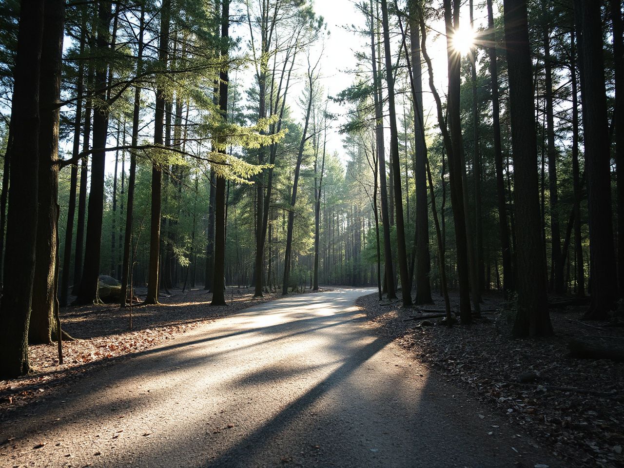 A quiet forest trail bathed in soft morning light, inviting peaceful reflection and solitude