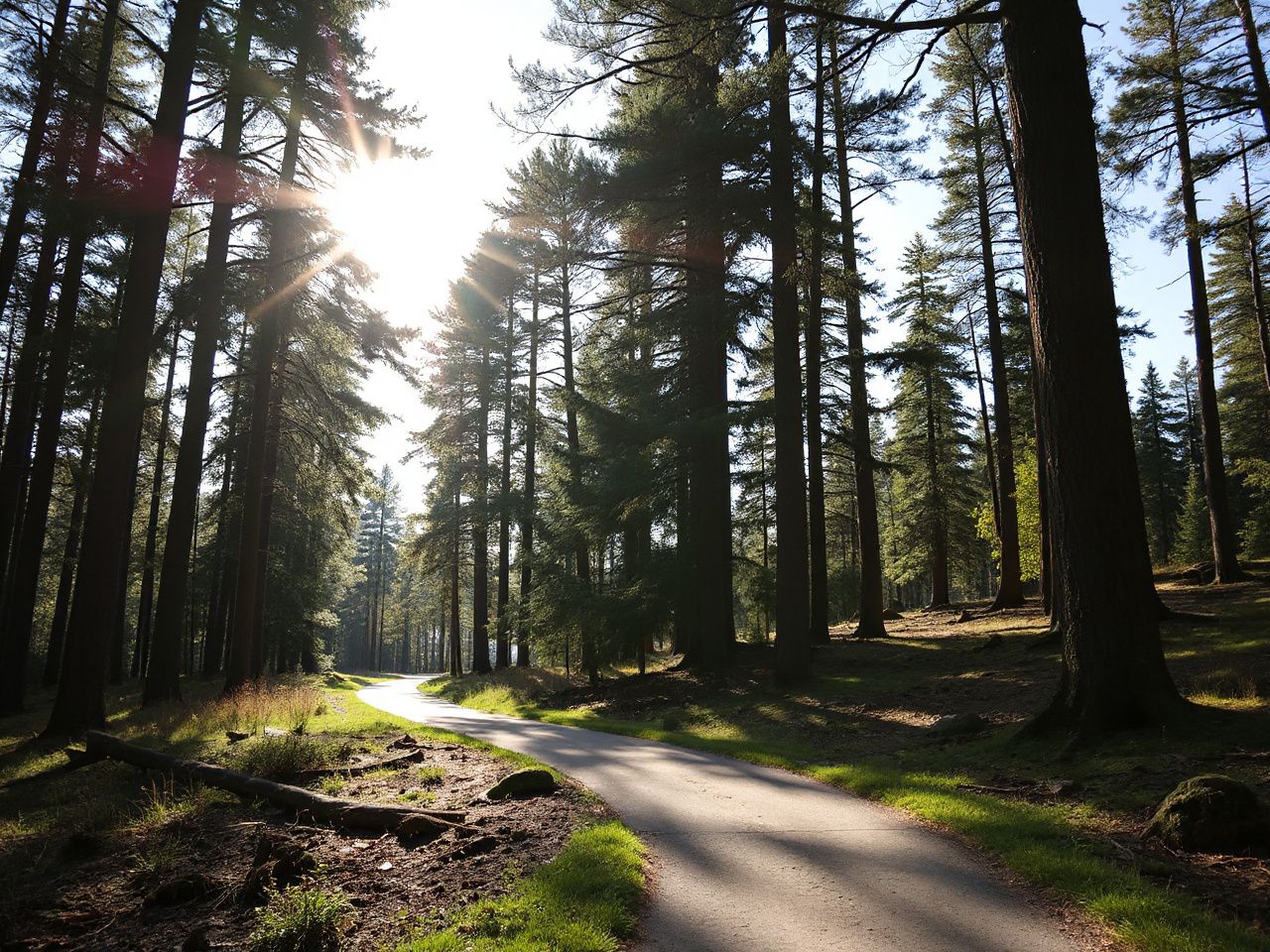 Sunlight filters through tall trees along a winding forest trail in a peaceful national park setting
