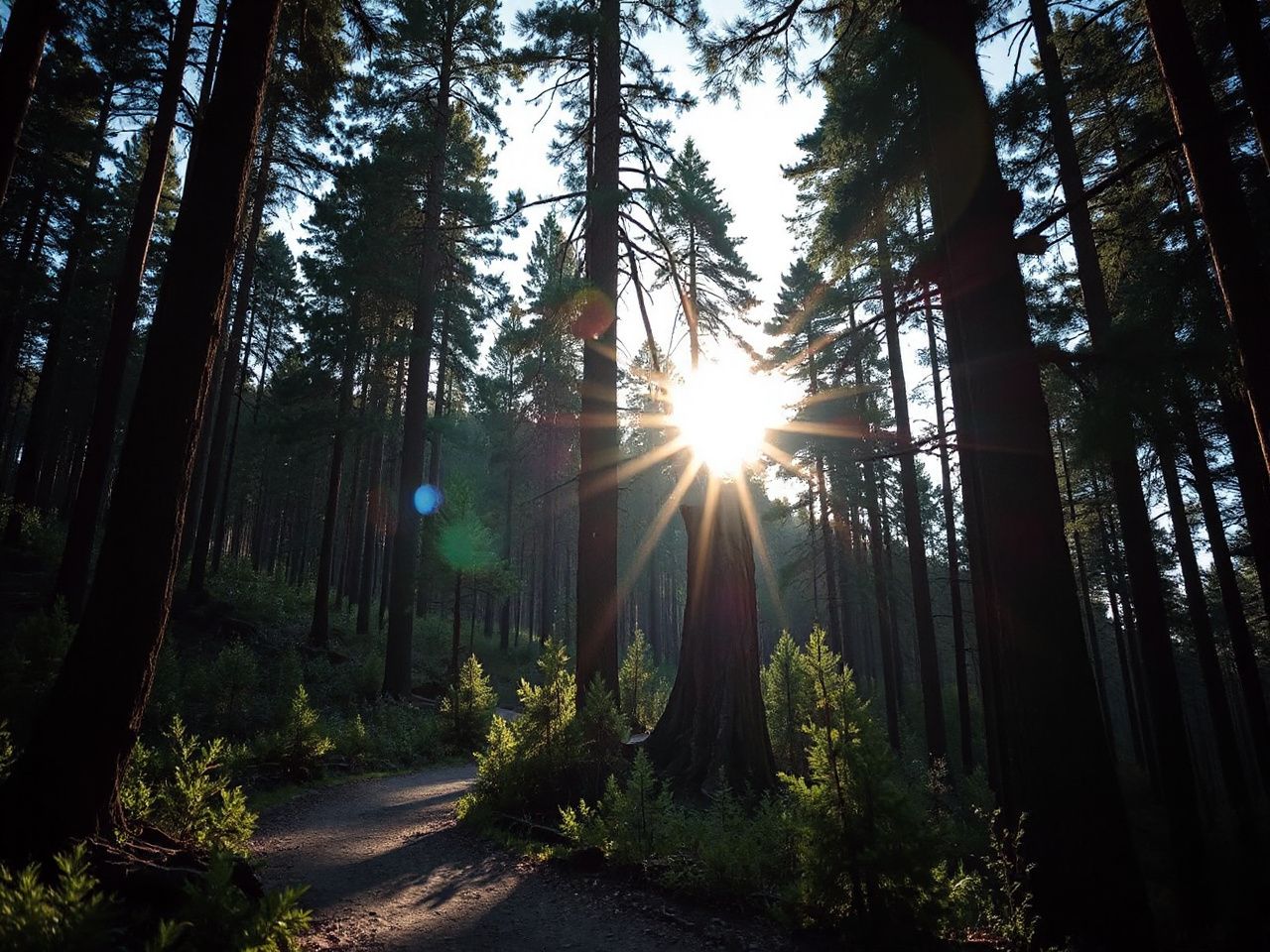 Sunlight filters through towering pine trees along a winding forest trail in a Southeast national park