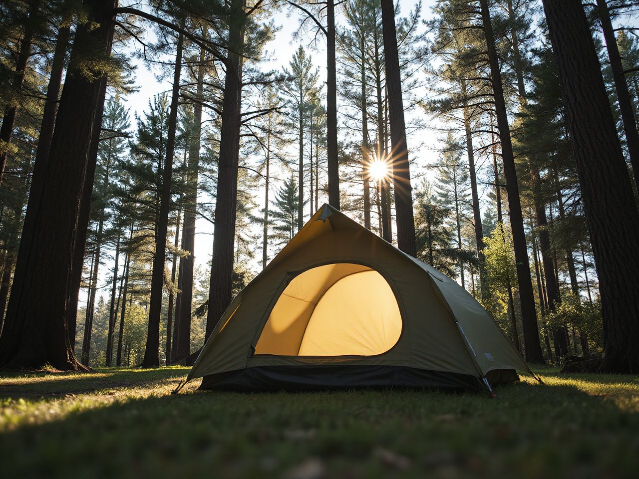 A cozy tent pitched among tall pine trees with sunlight filtering through the forest canopy