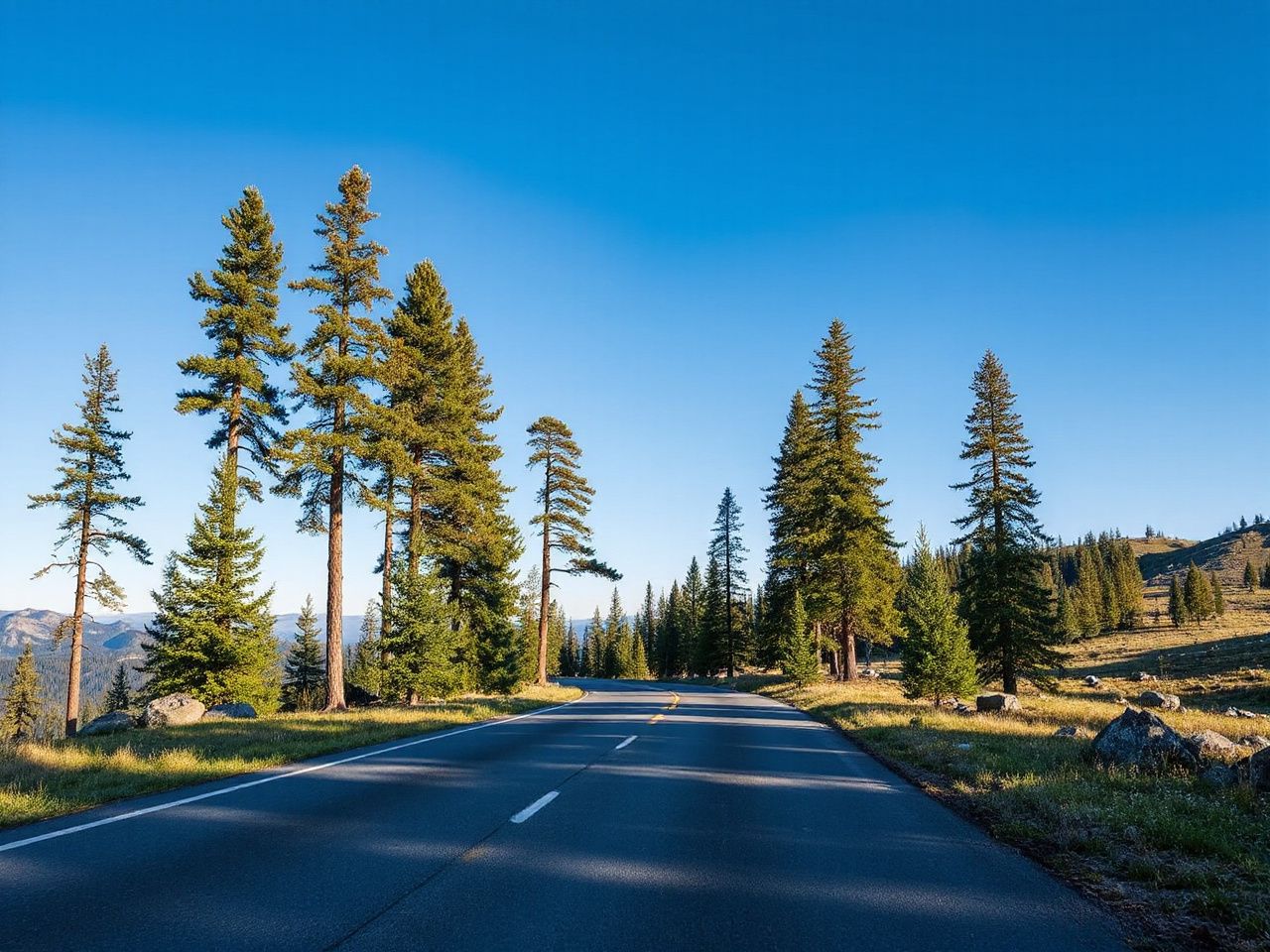 Winding mountain road with smooth pavement surrounded by tall pine trees under a clear blue sky