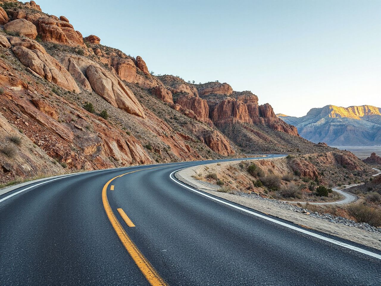 A winding mountain road near Navajo Bridge with sparse desert vegetation under a clear sky