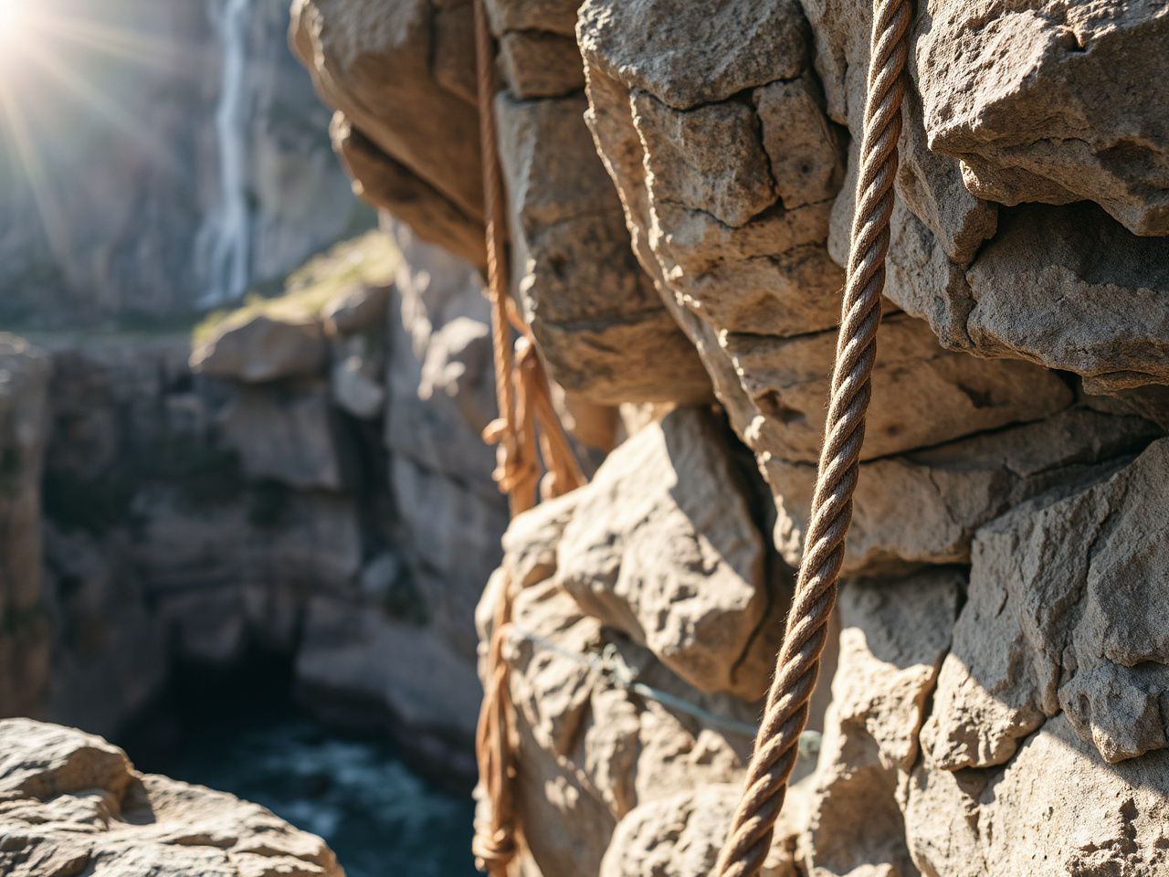 Close-up of sturdy steel cables anchored to rocky cliffs above a deep river gorge under bright sunlight