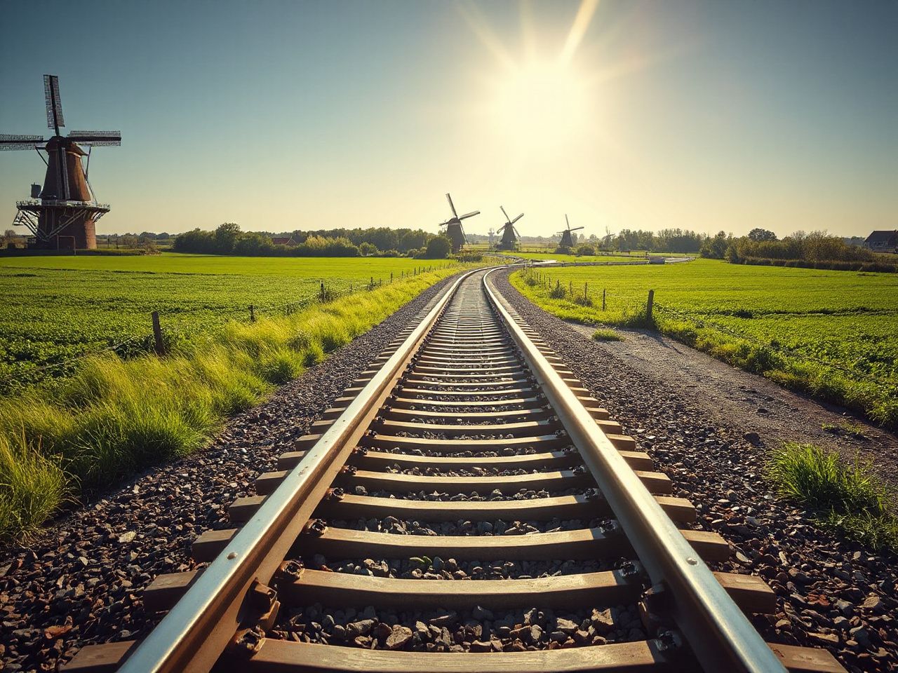 Sunlit railway tracks stretching through a green Dutch countryside with windmills in the distance