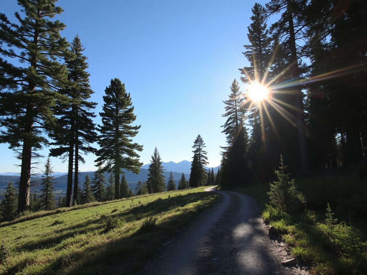 Sunlit trail winding through towering pine trees with distant mountains under a clear blue sky