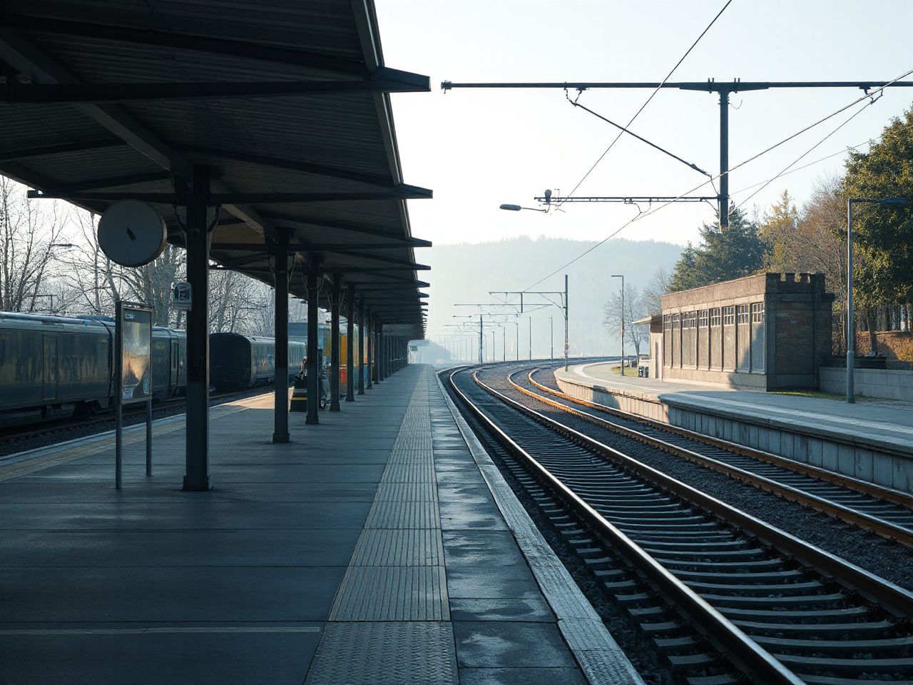 Quiet European train station platform bathed in morning light, with tracks curving into a distant forested horizon