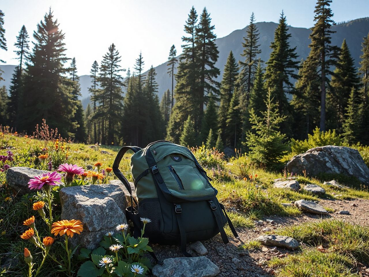 Backpack resting beside a sunlit mountain trailhead surrounded by wildflowers and towering pine trees