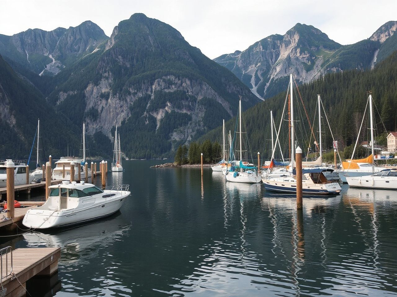 A fjord-side harbor with boats moored near wooden piers, framed by steep, forested mountains