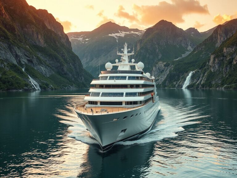 norwegian luxury cruise ship sailing through a Norwegian fjord
