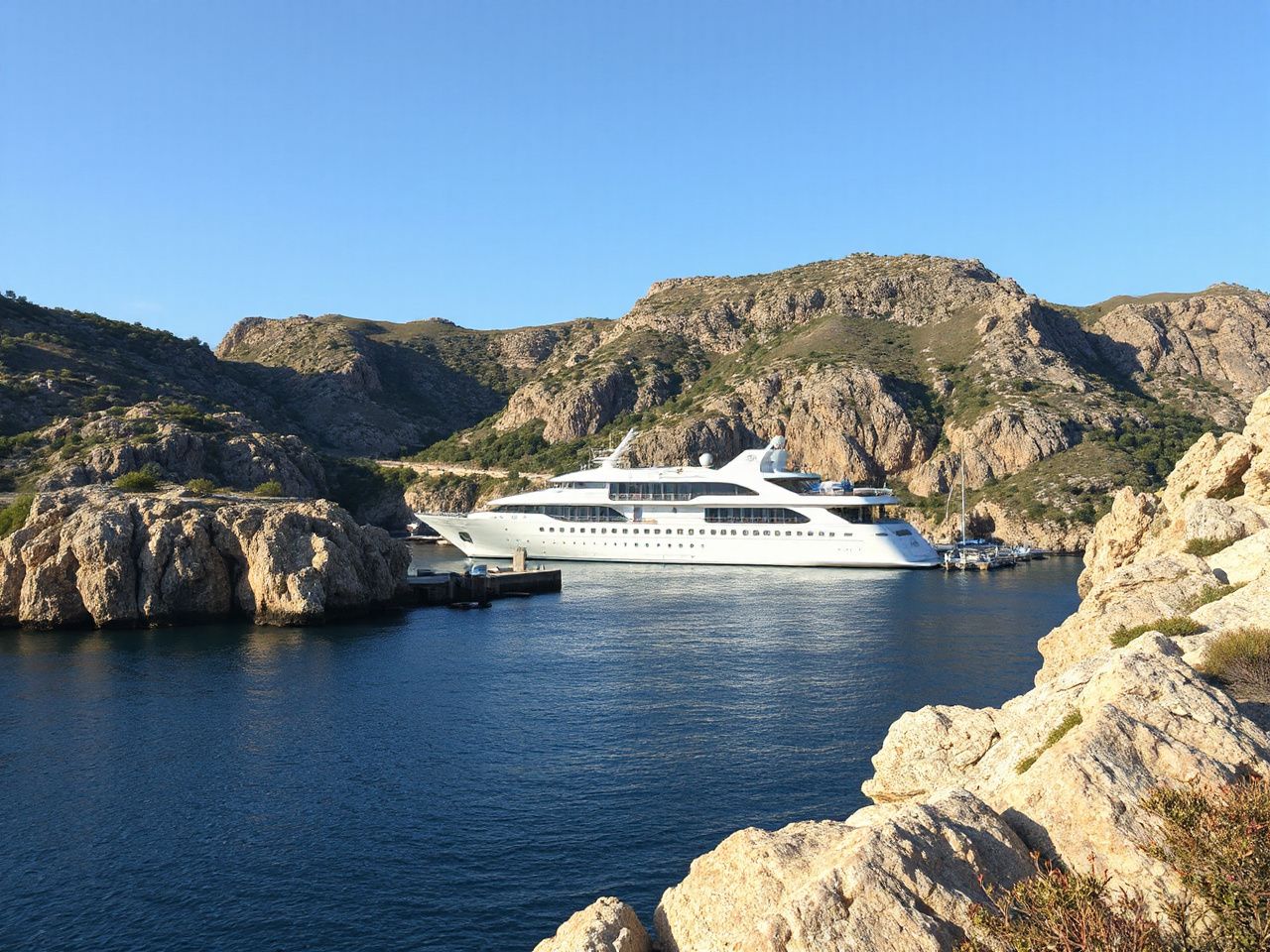 A rugged coastline with a luxury cruise ship anchored quietly near a small, scenic harbour under clear skies