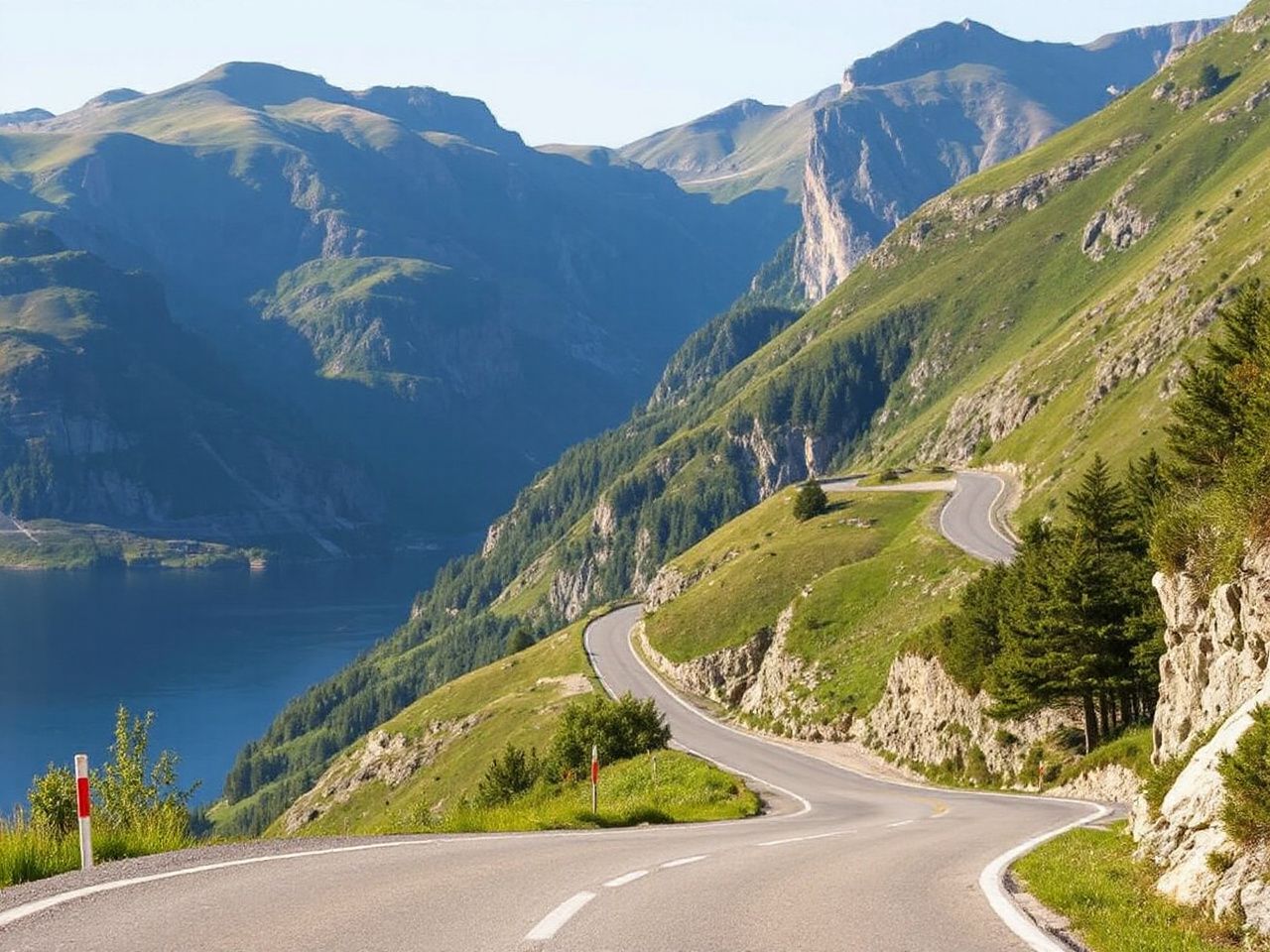 A winding mountain road leading to a remote fjord, framed by towering cliffs and lush greenery in daylight