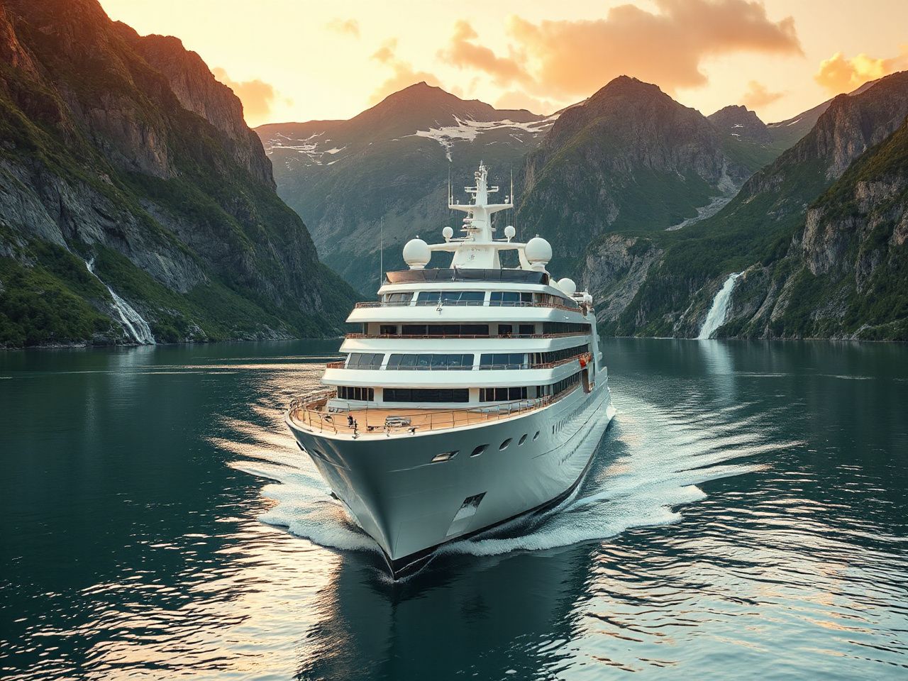 norwegian luxury cruise ship sailing through a Norwegian fjord